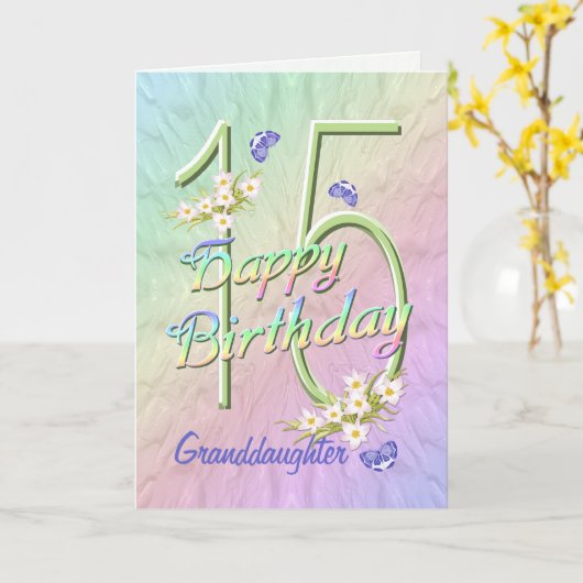 孫娘15誕生日バタフライガーデンカード カード (黄色い花)