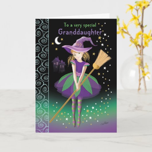 孫娘、ハロウィンのプレティーンの魔法使い カード (黄色い花)