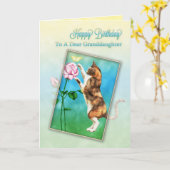 孫娘、猫とハッピーバースデーよくはしゃぐ カード (黄色い花)