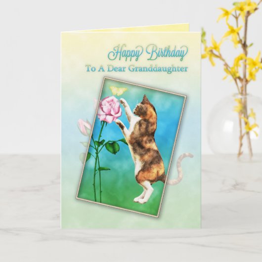 孫娘、猫とハッピーバースデーよくはしゃぐ カード (黄色い花)