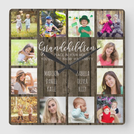 孫引用文12フォトブラウンウッドカスタム スクエア壁時計 (正面)