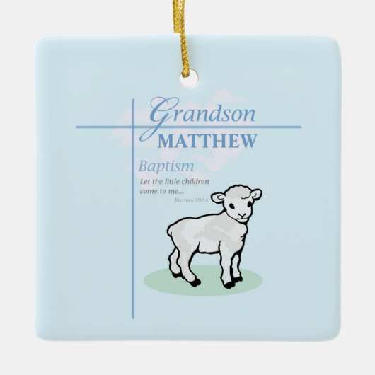 孫洗礼ブルーボーイラムパーソナライズされた セラミックオーナメント (正面)