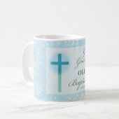 孫洗礼素晴らしブルーレースパーソナライズされた コーヒーマグカップ (正面左)