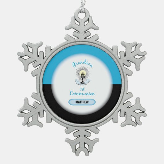 孫第一聖餐式ブルーカップ スノーフレークピューターオーナメント (正面)