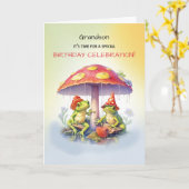 孫誕生日かわいいカエルキノコの下 カード (黄色い花)