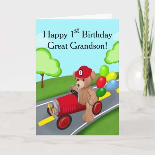孫1歳素晴らしの誕生日テディベアファイアトラック カード (正面)