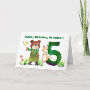 孫5誕生日水彩熊とキツネ カード