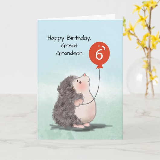 孫6素晴らし誕生日かわいいハリネズミ風船 カード (黄色い花)