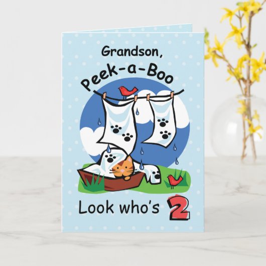 孫、2歳の誕生日、Peek-a-Boo Kitten カード (黄色い花)
