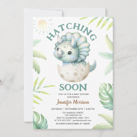 孵化すぐにトリケラトプス男の子の恐竜の赤ちゃんシャワー 招待状 (正面)