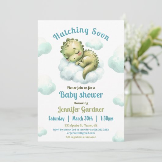 孵化するほどかわいい恐竜の赤ちゃんシャワー男の子 招待状 (スタンド正面)