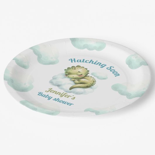 孵化するほどかわいい恐竜の青い少年の赤ちゃんシャワー ペーパープレート (アングル)