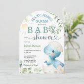 孵化近日恐竜の赤ちゃんシャワー少年ブルーかわいい 招待状 (スタンド正面)