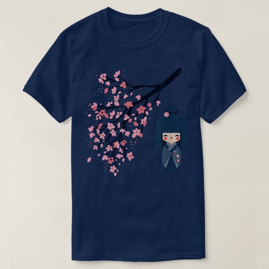 宇三郎こけし人形と日本の桜さくらんぼBl Tシャツ (デザイン正面)