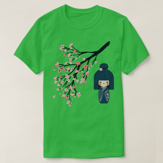 宇三郎こけし人形と日本の桜さくらんぼBl Tシャツ (デザイン正面)