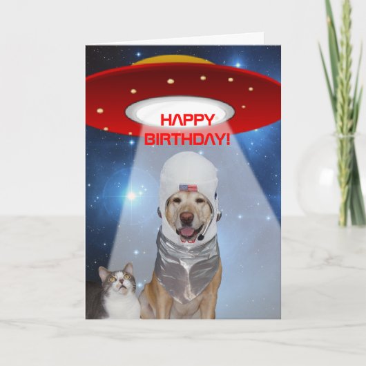 宇宙おもしろいテーマ、犬猫誕生日 カード (正面)