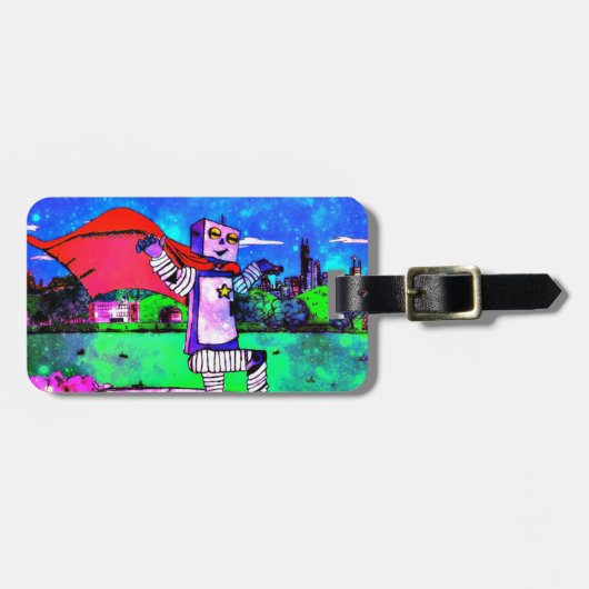 宇宙からの喜劇的なスタイルのスーパーヒーローのロボット! ラゲッジタグ (正面横)