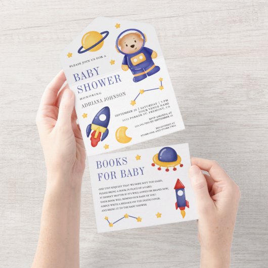 宇宙かわいいテディベア宇宙飛行士ベビーシャワー オールインワン招待状 (貼ってはがせる)