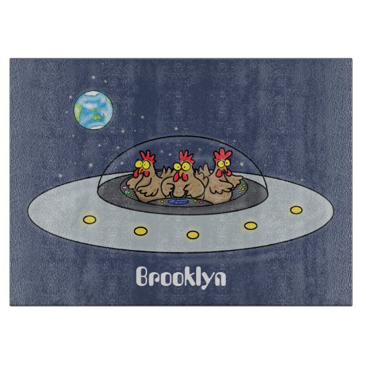 宇宙でのユーモラスな鶏の漫画イラスト カッティングボード (正面)