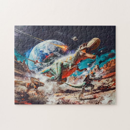 宇宙でエイリアンに襲われる恐竜 ジグソーパズル (横)