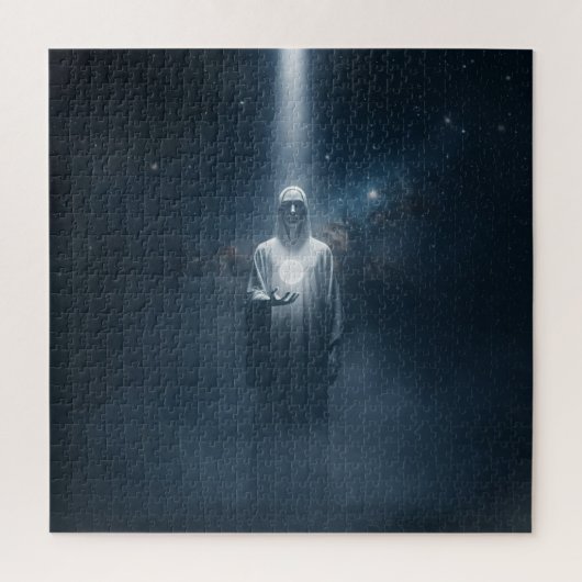 宇宙でスポットライトを当てた不気味な白いベッド姿 ジグソーパズル (縦)