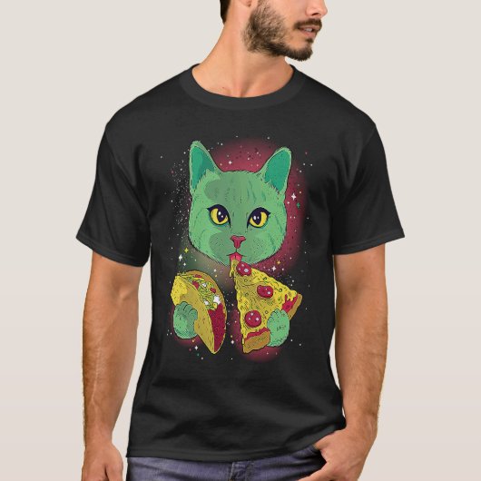 宇宙でタコスとピザを食べる面白い猫T Tシャツ (正面)