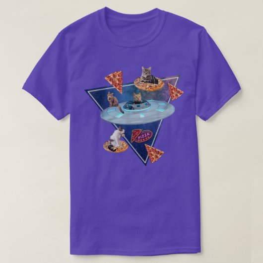 宇宙でピザを食べる猫の面白Tシャツ Tシャツ (デザイン正面)