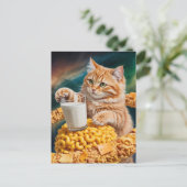 宇宙でミルクを持つかわいいジンジャークッキー色の猫 ポストカード (スタンド正面)
