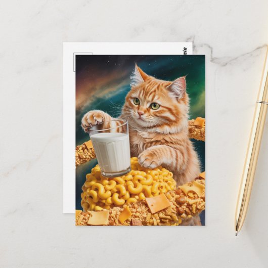 宇宙でミルクを持つかわいいジンジャークッキー色の猫 ポストカード (正面/裏面インサイチュ)