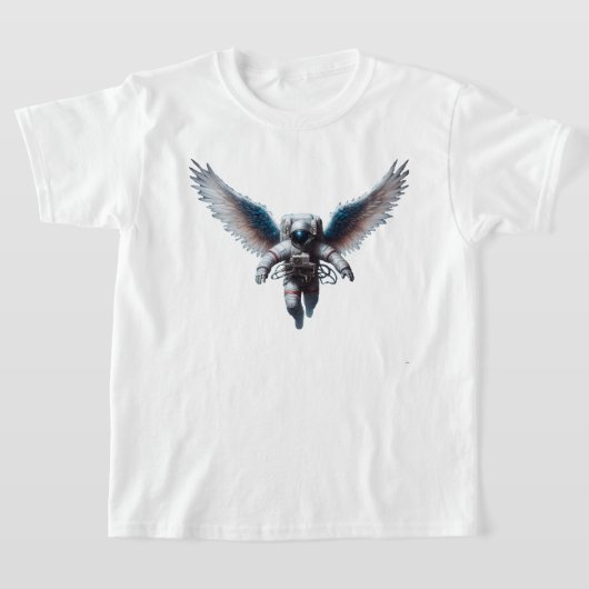 宇宙で天使の羽を持つ面白い宇宙飛行士 Tシャツ (レイダウン)