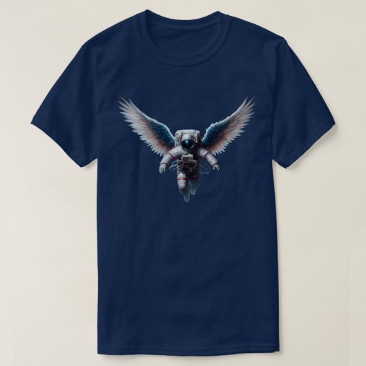 宇宙で天使の羽を持つ面白い宇宙飛行士 Tシャツ (デザイン正面)