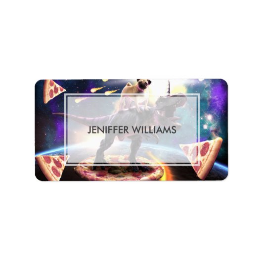 宇宙で恐竜のユニコーンに乗ったプグ ラベル (正面)