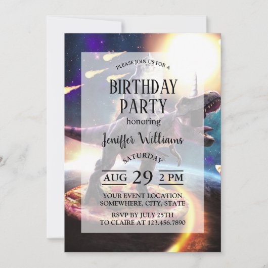 宇宙で恐竜のユニコーンに乗る猫               招待状 (正面)