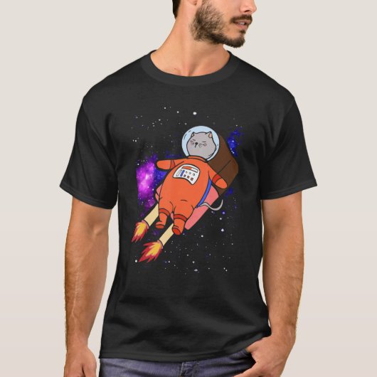 宇宙で棒付きアイスに乗るかわいい猫 Tシャツ (正面)