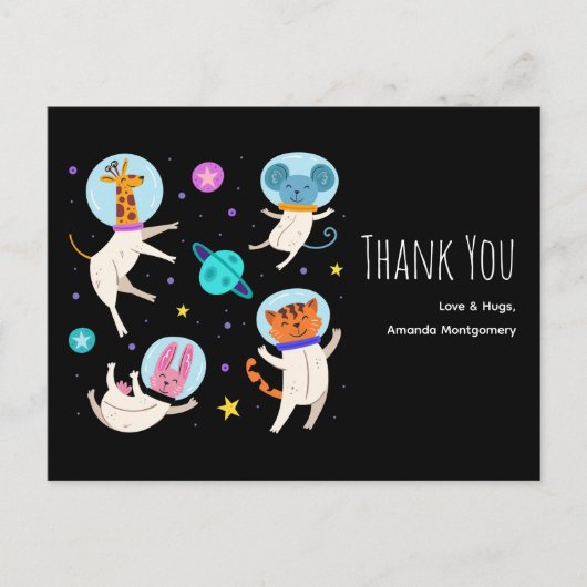 宇宙で浮かぶかわいい宇宙飛行士の動物たち、ありがとう ポストカード (正面)