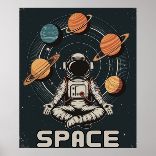 宇宙で瞑想するレトロな宇宙飛行士 ポスター (正面)