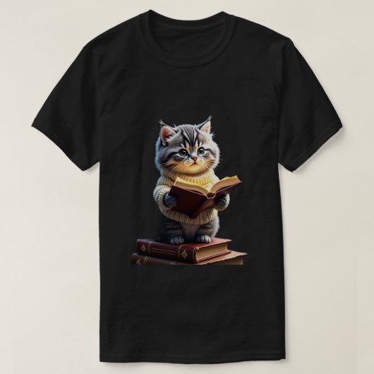 宇宙で読書する宇宙虫眼鏡猫 Tシャツ (デザイン正面)