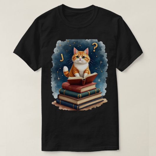 宇宙で読書する猫の宇宙飛行士ブックワーム Tシャツ (デザイン正面)