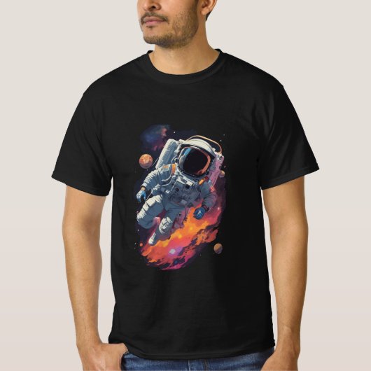 宇宙で迷子になった宇宙飛行士の背景 Tシャツ (正面)