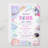 宇宙で4つの星の4歳の誕生日月 招待状 (正面)
