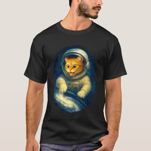 宇宙と天の川と遊ぶかわいい宇宙飛行士の猫 Tシャツ (正面)