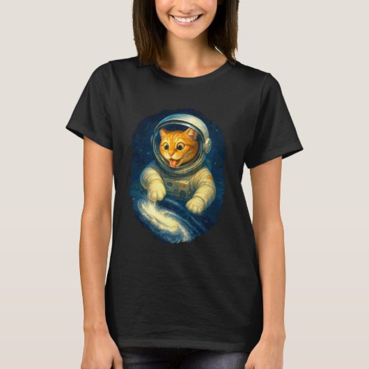 宇宙と天の川の中の可愛い宇宙飛行士猫 Tシャツ (正面)