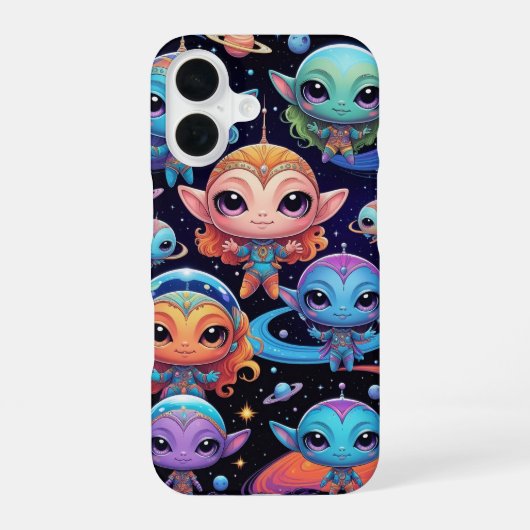 宇宙にいるいろいろな色の小さなエイリアン iPhone 16ケース (裏面)