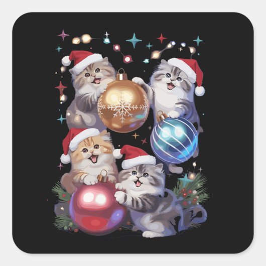 宇宙にいるかわいいクリスマス猫のオーナメント スクエアシール (正面)