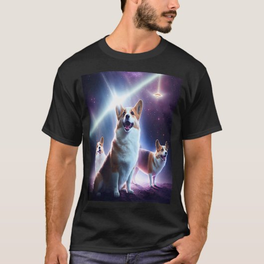 宇宙にドーナツを持つコーギー かわいいコーギーの少年少女向けデザインM Tシャツ (正面)