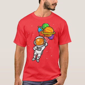 宇宙に惑星飛んでいる気球を持つかわいい宇宙飛行士 Tシャツ