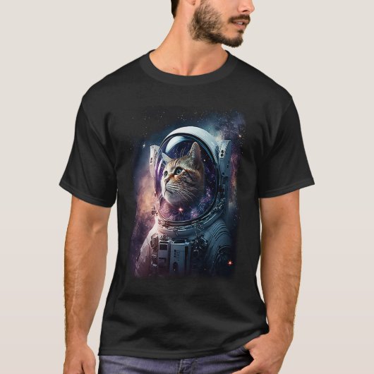 宇宙に浮かぶかわいい子猫 猫 Tシャツ (正面)