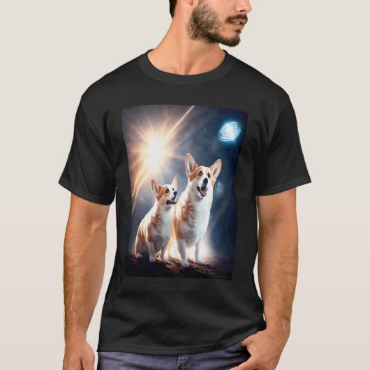宇宙に浮かぶコーギーのドーナツ 可愛いコーギー少年少女たちM Tシャツ (正面)