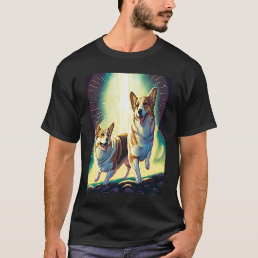 宇宙に浮かぶコーギー ドーナツとコーギーのイラスト メンズ レディース M Tシャツ (正面)
