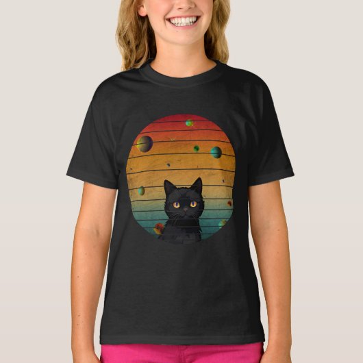 宇宙に浮かぶレトロ猫 Tシャツ (正面)